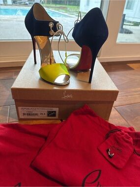 Christian Louboutin Women’s Navy and Yellow Ankle-Tie Stiletto Sandals 120mm